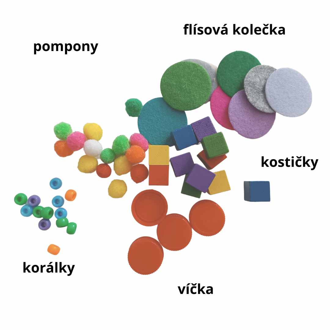 Pompony, flísová kolečka, kostičky, korálky, víčka - pomůcky k vizuomotorickým listům